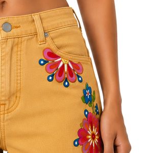 Womens Mustard Yellow Floral Printed Denim <b>Shorts</b> <b>High</b> <b>Waist</b> Casual Summer <b>Jean</b> <b>Shorts</b> Custom Embroidered Fashion OEM Manufactur - Product Image 4