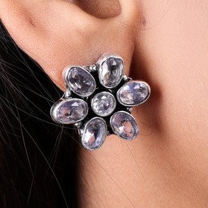 Vintage <b>Crystal</b> Stone Oxidized Silver Flower <b>Stud</b> <b>Earrings</b> | Party Antique Finish Women's Trendy Fashion Jewelry Jewelry Bulk - Product Image 2