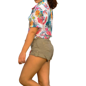 Camiseta de Algodón 100% con Estampado Floral Tropical y Mangas Fruncidas para Mujer, Top Casual con Cuello y Dobladillo, Venta al Por Mayor - Product Image 3