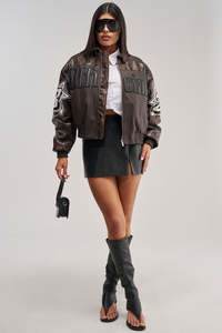 <b>Plus</b> <b>Size</b> Women's <b>Faux</b> <b>Leather</b> Bomber <b>Jacket</b> Solid Logo Front Zipper Closure Windproof Street Style Winter Wear Full Sleeve - Product Image 6