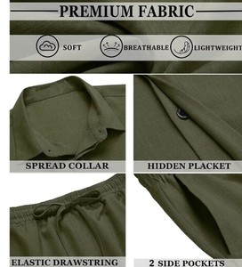 Ensemble chemise et short pour homme, vert olive, manches courtes, couleur unie, tenue décontractée d'été, col rabattu, tissu en coton respirant - Product Image 2