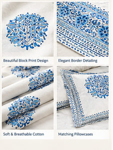Parure de lit 3 pièces en coton imprimé pigmenté 200TC, durable, de luxe léger, motif floral bleu, style indien pour chambre à coucher - Product Image 4