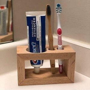 Porte-brosse à dents en bois avec compartiments de rangement pour dentifrice, solution d'organisation pour un comptoir de salle de bain bien rangé - Product Image 1