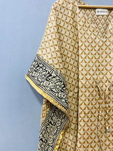 Vestido Kaftán Largo con Estampado Artesanal, Kaftán de Verano con Estampado Geométrico Bagru, Kaftán Corto de Algodón para la Playa, Vestido Midi de Algodón - Product Image 4