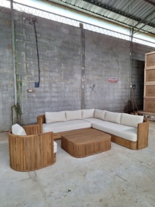 Contemporary Outdoor Wooden <b>Sofa</b> <b>Set</b> With High-Density Foam Cushions Waterproof Garden Furniture For Poolside Use - Product Image 3