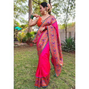 Sari en soie Paithani original Shilpa Raman, tissé avec des fils Zari, en rose Muniya, vêtements indiens et pakistanais, 0,65 g, par Elite Weaves - Product Image 5