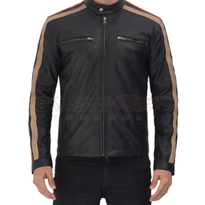 Veste de moto en cuir noir pour homme GARIOX APPAREL OEM, avec rayures orange, manches longues, design protecteur, toutes saisons - Product Image 4