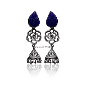 Unique Design Jhumka with Carving Stone and Silver Oxidized Plated Fine Jewelry Earrings