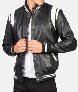 Blouson bomber classique en mélange de laine avec manches contrastées, fermeture à boutons-pression, col et poignets côtelés, poches latérales et style streetwear intemporel - Product Image 1