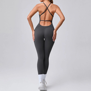 Combinaison de yoga sans couture à taille haute, col rond, bretelles doubles, coupe longue, découpes, en Spandex/Polyester, séchage rapide, ensemble 2 pièces - Product Image 6