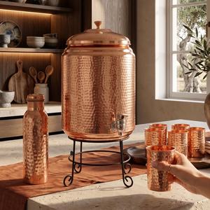 Handcrafted Hammered Pure Copper <b>Water</b> Dispenser Set with Stand Tap Bottle & Glasses Ayurvedic Copper Matka for Hydration - Product Image 3