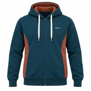 Men's Hooded Zip-Up Sweatshirt Blue <b>Brown</b> Color Block Casual <b>Fleece</b> Jacket Regular Fit Autumn Wear - Product Image 1
