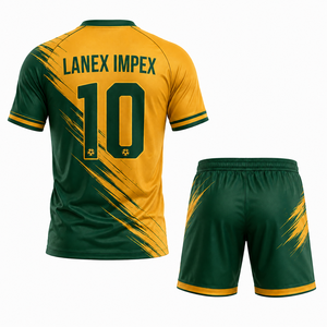 Ensemble de maillots de football personnalisés par sublimation, maillot d'équipe pour hommes, short, col en V, poches latérales en mesh, vert or, vêtements de sport à séchage rapide - Product Image 2