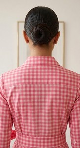 Vestido camisero largo a cuadros rosa para mujer, de manga larga, con cinturón, de algodón, corte en A. - Product Image 4