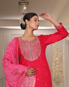 High on Demand Women's Pink <b>Kurti</b> Set 3/4 Sleeve Cotton Silk Jequard Full Stitched for Regular and Festive Occasions - Product Image 3