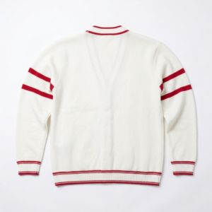 Cardigan pour femme en maille acrylique décontractée, col en V brodé sur mesure, double boutonnage, motif torsadé, rouge et blanc, modèle Delta DST - Product Image 3