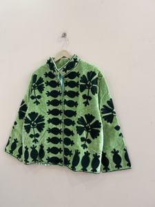 Green Mandarin Collar Blazer Full Sleeve Floral Embroidery Quilted <b>Velvet</b> <b>Women</b> Autumn Wear Hippie Style Finished Woven - Product Image 2