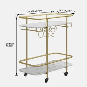 Gold Metal Rolling Bar Cart with Marble Top Wine Bottle <b>Rack</b> American Style Eco-Friendly Party Serving Plated Safe ZAHID EXPORT - Product Image 2