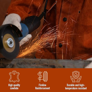 Heavy Duty Split Leather Welding Work <b>Coat</b> Long Sleeve <b>Stand</b> Collar Front Button Welder Jacket Industrial Workshop Apparel - Product Image 6