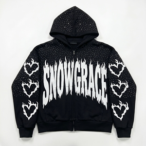 Snowgrace Hooded <b>Sweatshirt</b> Black Flame <b>Heart</b> Print Zipper Front Oversized Fit Men Streetwear Winter Knitted Cotton - Product Image 1