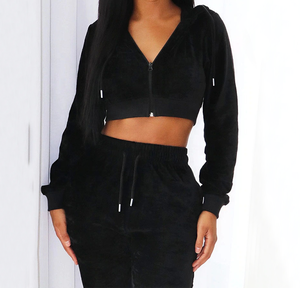 Ensemble haut court à capuche et pantalon en velours rose pour femme, manches longues, vêtements de sport décontractés, coupe régulière, couleur unie, toutes saisons - Product Image 6