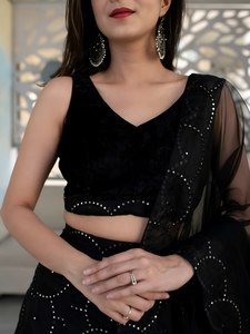 Black <b>Sequin</b> Geometric Pattern V-neck Sleeveless Lehenga Choli Set Modern Embroidered Women Outfit Wedding Party Dress - Product Image 6