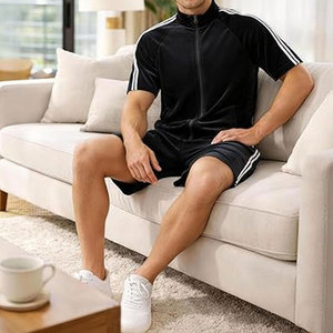 ชุดวอร์มกำมะหยี่ผู้ชายแบบสองชิ้น เสื้อแจ็คเก็ตแขนสั้นแบบซิปเต็มตัวและกางเกงขาสั้น ชุดลำลองใส่สบายสำหรับฤดูร้อน - Product Image 4