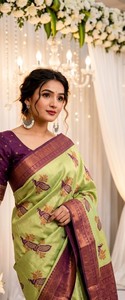 Sari de seda verde y morado con estampado de pavo real, ropa tradicional de boda para mujer - Product Image 2