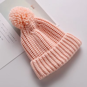 Bonnet tricoté chaud pour bébé, couleur unie, avec pompon mignon, en laine, collection automne-hiver, offre spéciale - Product Image 1