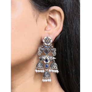 Traditional Indian Oxidized <b>Silver</b> Jhumka <b>Earrings</b> with Blue Stones & Pearl Drops | Bohemian Tribal <b>Long</b> <b>Earrings</b> - Product Image 3