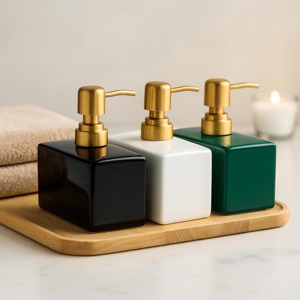 Modern Bathroom <b>Soap</b> And Lotion Dispenser <b>Set</b> With Gold Pump Bottles On Wooden Tray Perfect For Vanity Counter Decor From India - Product Image 1