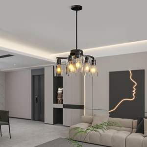 Lustre suspendu moderne à 6 lumières en fer noir style ferme, abat-jour en verre transparent contemporain, hauteur réglable, luminaire de salle à manger - Product Image 2