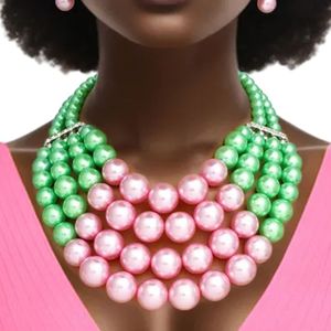 Ensemble collier et boucles d'oreilles en perles roses et vertes pour femme, bijoux fantaisie à grosses perles, collier tendance, accessoire de fête, cadeau - Product Image 1