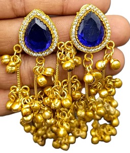 Pendientes Largos en Forma de Campana de Latón Dorado Hechos a Mano con Topacio Azul de Cachemira, Joyería Tradicional de Moda, Venta al Por Mayor - Product Image 2