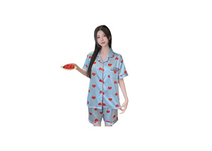 Ensemble de pyjama pour femmes avec imprimé cœur mignon, manches courtes, vêtements de nuit en soie d'été, vêtements décontractés pour la maison, pyjama deux pièces - Product Image 2
