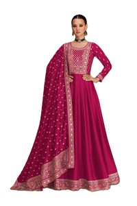 Elegante Conjunto de 3 Piezas Anarkali Salwar Kameez Rojo Sólido para Mujer, Cuello Redondo, Dupatta, Tela Vichitra Pesada de Secado Rápido, Estilo Indio - Product Image 3