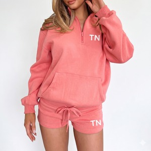 Conjunto de Sudadera Casual de Algodón 100% Pesado con Media Cremallera y Pantalones Cortos Holgados de 2 Piezas para Mujer, Personalizable y de Color Liso - Product Image 1