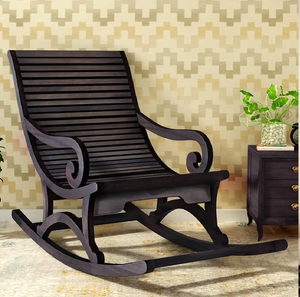 Fauteuil à bascule rembourré de style mi-siècle, avec accoudoirs en bois à lattes et tissu brun chaud, en gros. - Product Image 5