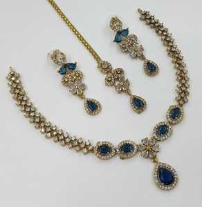 Elegant High Quality <b>Gold</b> Plated Bridal Shadow Choker <b>Set</b> Earrings Maang Tikka Flower Design Rhodium Plated Zircon Fashion - Product Image 1