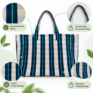 Sac fourre-tout en tissu nylon recyclé avec fermeture magnétique, poignée d'épaule, réutilisable, rayé, décontracté, pour les courses - Product Image 6