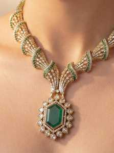 <b>Emerald</b> Green Seaila Micro Insert Kundan Brass Necklace Earrings <b>Set</b> Indian Bridal Gold Plated Wedding Statement <b>Jewelry</b> - Product Image 2