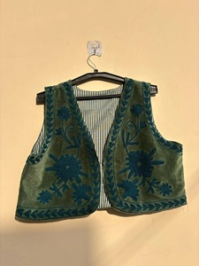 Nitin Exports Women's Green Velvet Suzani Short Cotton Vest Hand <b>Embroidered</b> Floral Boho Sleeveless Breathable V-neck <b>Waistcoat</b> - Product Image 1