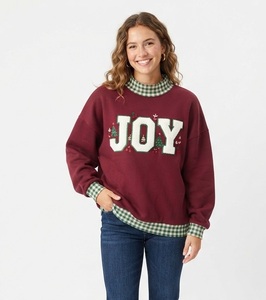North <b>Glitter</b> Print Pullover Women's <b>Blue</b> Knitted Sweatshirt Mock Neck Gingham Trim Winter Casual Long Sleeve - Product Image 2