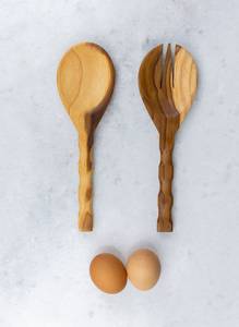 Ensemble cuillère et fourchette à salade en bois écologique moderne, finition miroir, manche blanc, ustensiles de cuisine faits à la main pour couverts - Product Image 3
