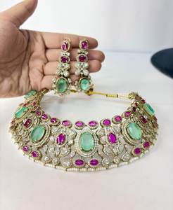 Mint Green & <b>Ruby</b> Pink Doublet Stone Choker <b>Necklace</b> Set Designer CZ Statement Jewelry Traditional Indian Bridal Jewelry - Product Image 1