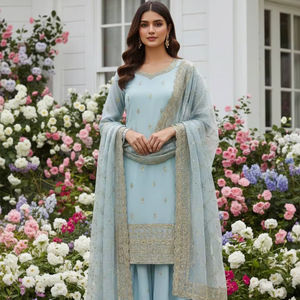 Ensemble Kurta et Palazzo en soie de créateur avec broderies et sequins lourds - Product Image 1