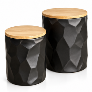 Two Piece Black Faceted Ceramic <b>Canister</b> <b>Set</b> with Natural Wooden Lids | Modern Geometric Kitchen Pantry Storage Jar Organizer - Product Image 1