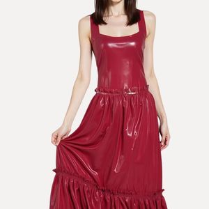 <b>Red</b> PU Leather Midi <b>Dress</b> With Ruffle Hem Square Neck Sleeveless A-Line Party Wear Sexy Style - Product Image 5