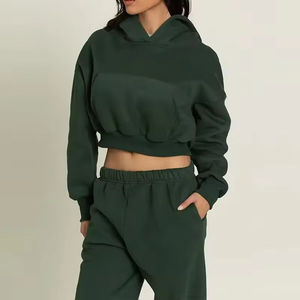 Women's Dark Green Cropped Hoodie Jogger Pants 2 Piece Eco-friendly Breathable 100% Cotton Tracksuit Set Casual Fleece <b>Sweat</b> - Product Image 3