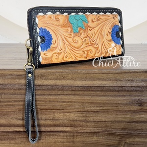 New Arrival Hand Tooled Genuine Leather Floral Design Zipper Clutch Western Style <b>Wallet</b> <b>Credit</b> <b>Card</b> Phone Holder For <b>Women</b> - Product Image 1
